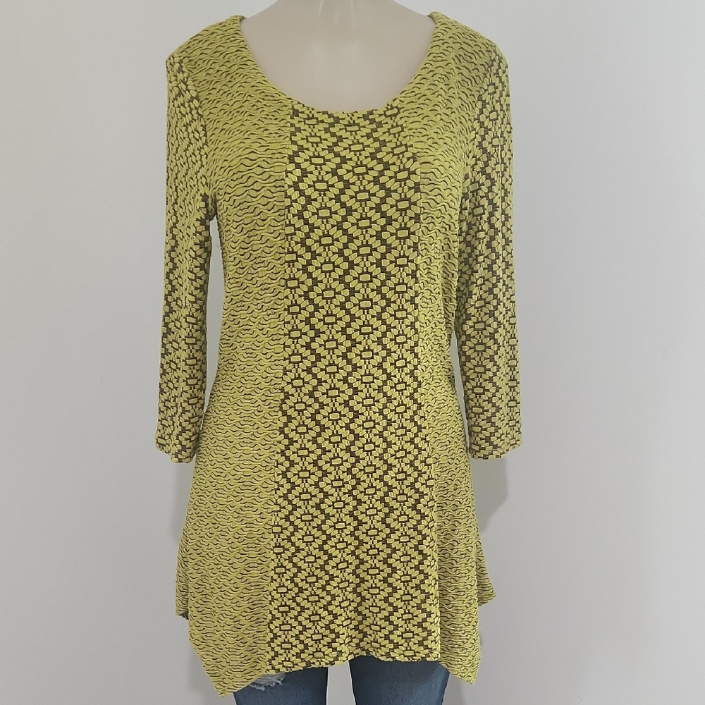 Peck & Peck Womens Petite Yellow Green Asymmetrical Tunic 3/4 Sleeve Saze MP